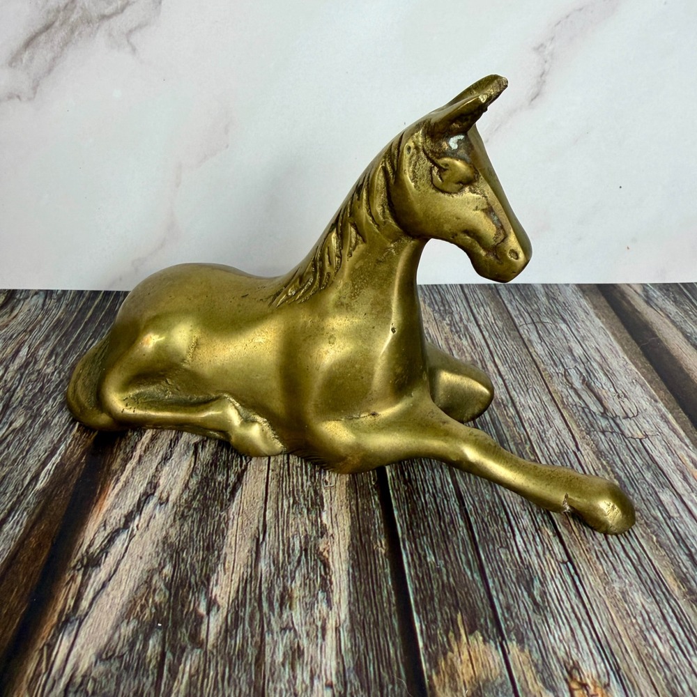 Vintage Brass Horse Figurine Resting Stallion Statue Decorative Paperweight